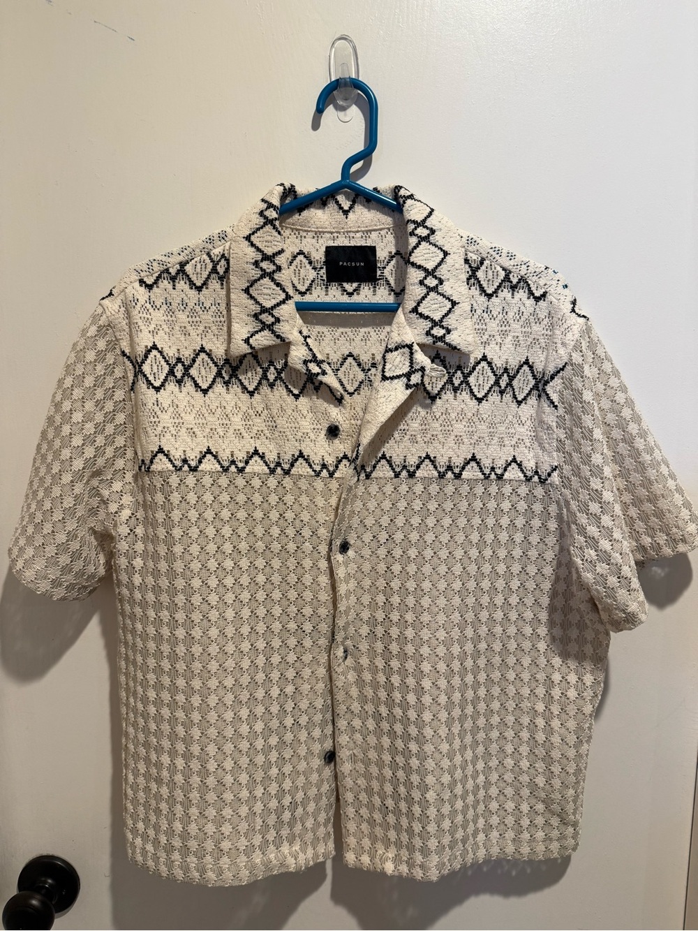 PacSun Cream Short-Sleeve Button-Up with Black Geometric Yoke